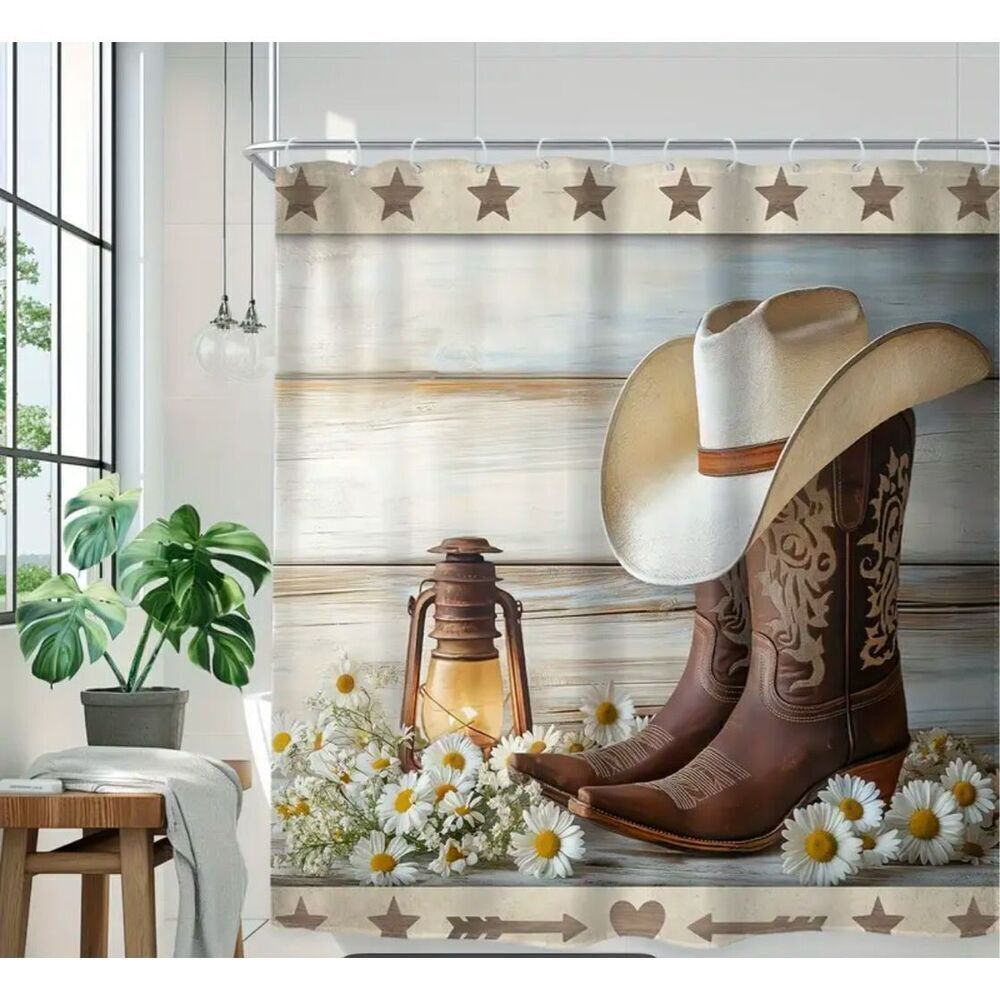 Cowboy Boots shower curtain & Bath Mat Set with Hooks - 4 Piece Collection weste